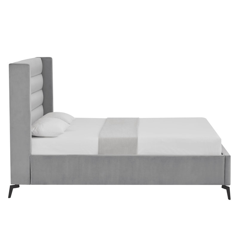 Lit plateforme capitonné à profil bas, Double, Velours gris clair
