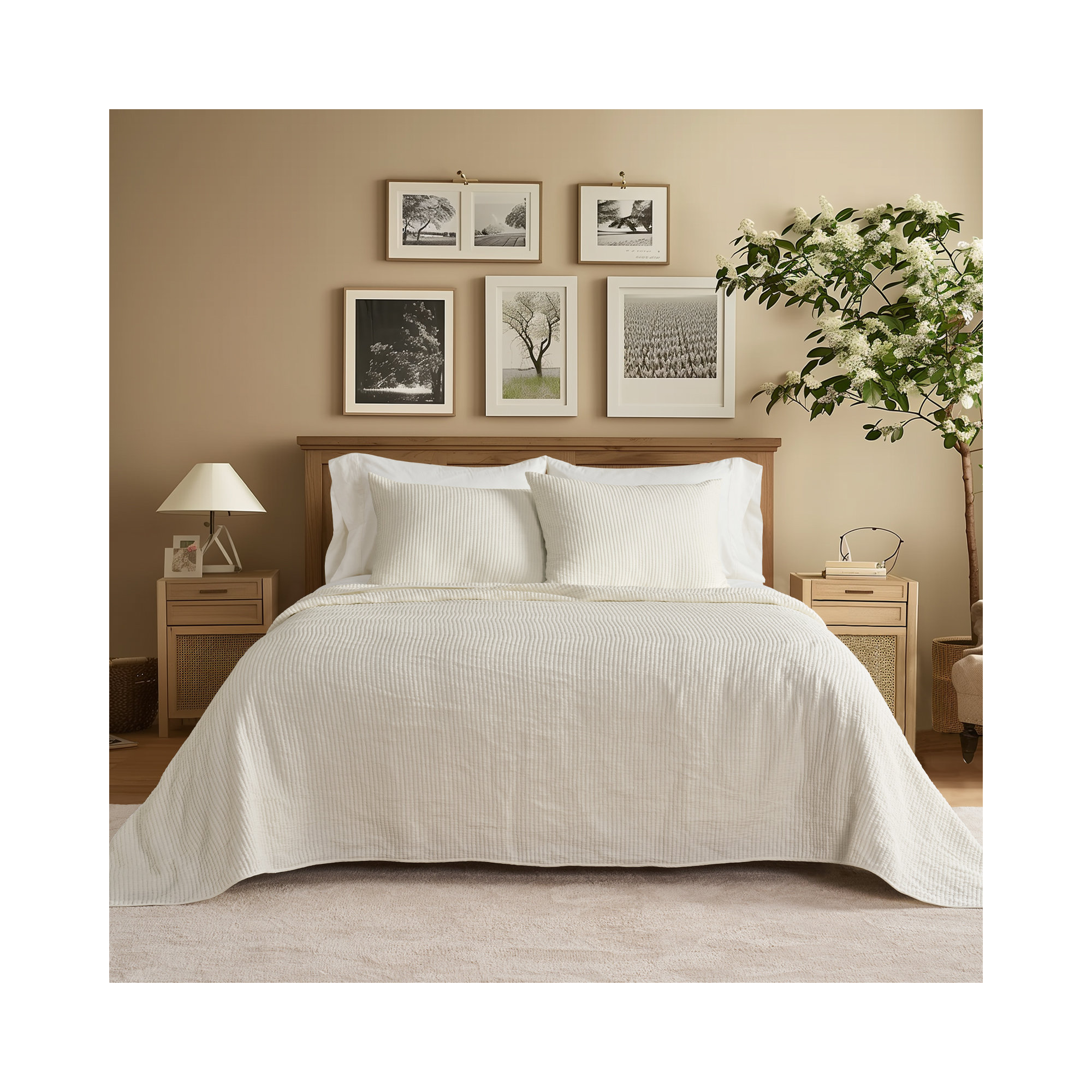 Ribbed Matelassé Cotton Coverlet Set, King Quilt + 2 King Shams, Cream