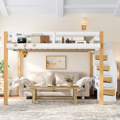 Lit mezzanine double, cadre de lit mezzanine en bois avec étagères de rangement, patère et grand espace de rangement sous le lit, blanc et naturel