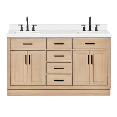 Meuble-lavabo double en bois massif Tidworth avec plateau en quartz blanc de 1,5 po