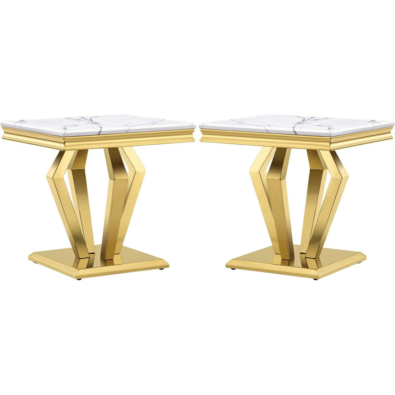 Ensemble de 2 tables de bout blanches et dorées avec base géométrique
