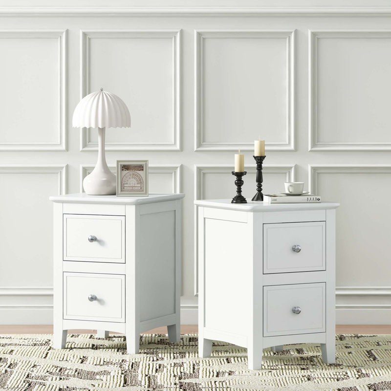Table de chevet 2 tiroirs en bois massif blanc, Ensemble de 2