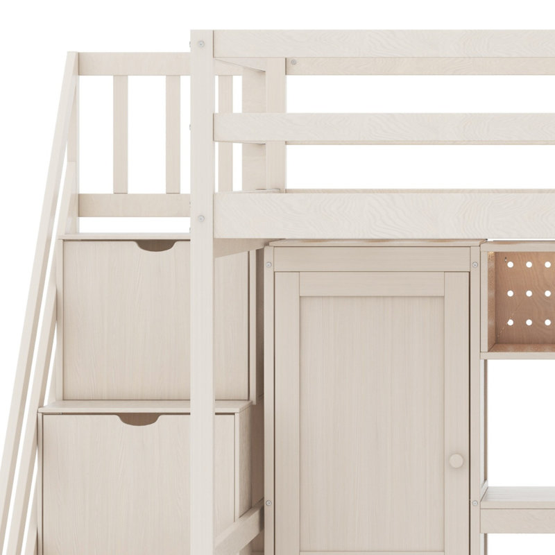 Space-Saving Loft Bed Frame with Integrated Wardrobe, Desk, Shelves and Lights, Beige