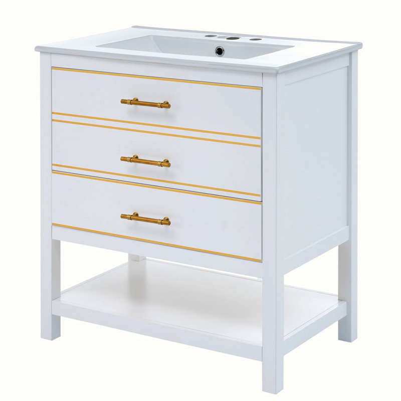 Ensemble de meuble-lavabo moderne avec rangement ouvert, deux tiroirs, Blanc