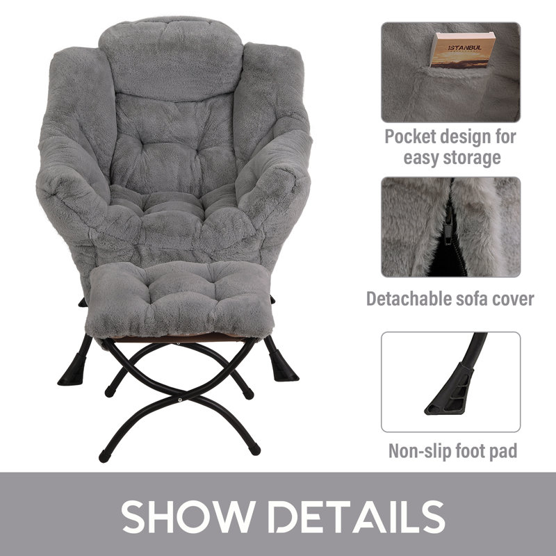 Gray Plush Metal Accent Chair with Ottoman