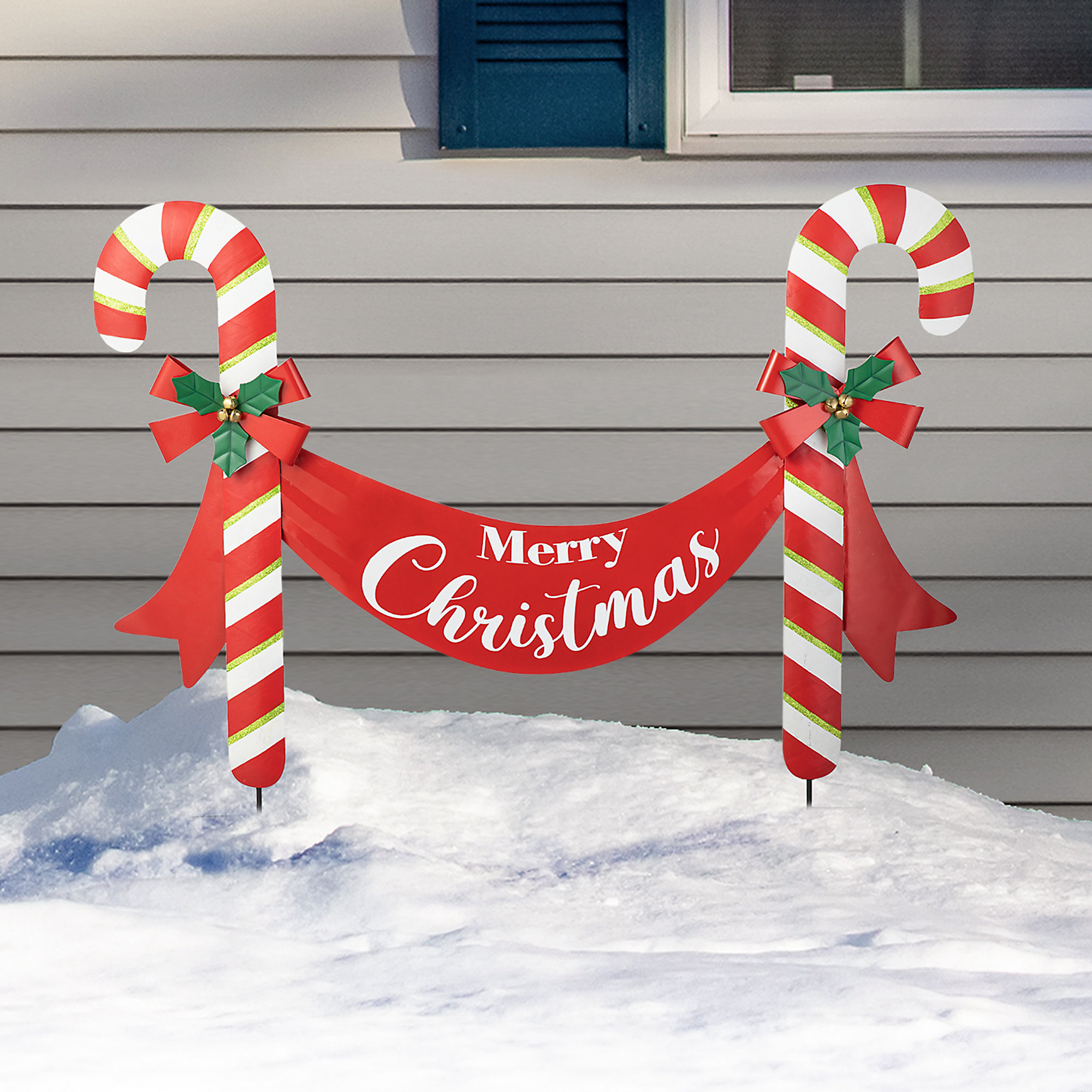 The Holiday Aisle® 36"L Christmas Metal "Merry Christmas" Candy Cane Yard Stake Or Wall Decor(KD, Two Function) & Reviews | Wayfair