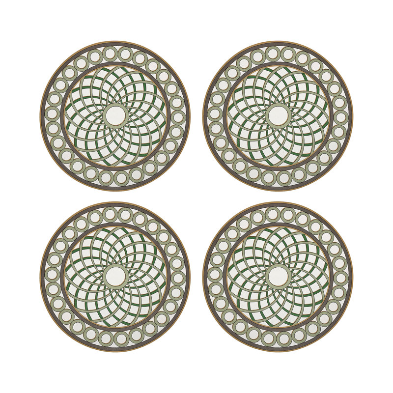 Timothy Corrigan Treillage Green Vegan Leather Round Coasters, Gold