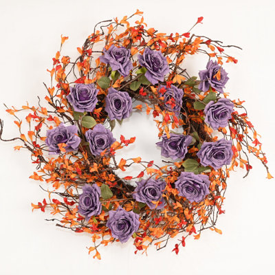 24" Artificial Farmhouse Twig Blossom Cluster Fall Foliage Thanksgiving Day Harvest Rose Floral Wreath For Front Door