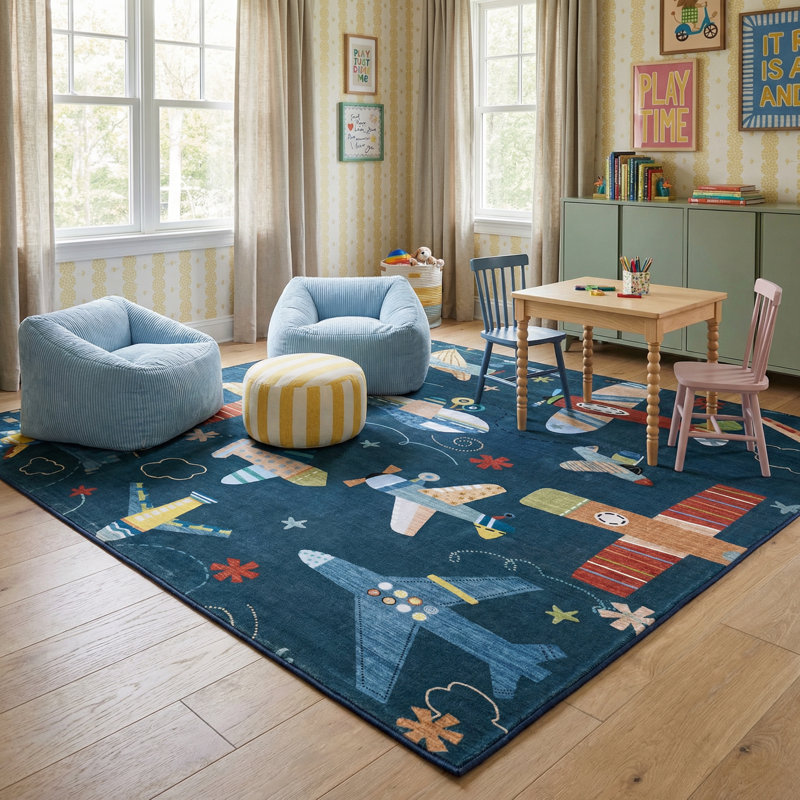 Rug Branch Maverick 4' x 6' (3'11" x 5'10") Navy Blue Airplane Kids Area Rug, Contemporary, Medium Pile, Stain-Resistant Carpet - Playroom, Nursery, Toy Room and Bedroom