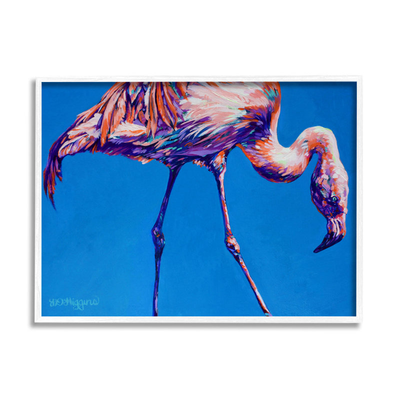 Art audacieux de flamant bleu moderne par Derrick Higgins, H 11 po x l 14 po x P 1,5 po, Giclée encadrée blanc bord de mer