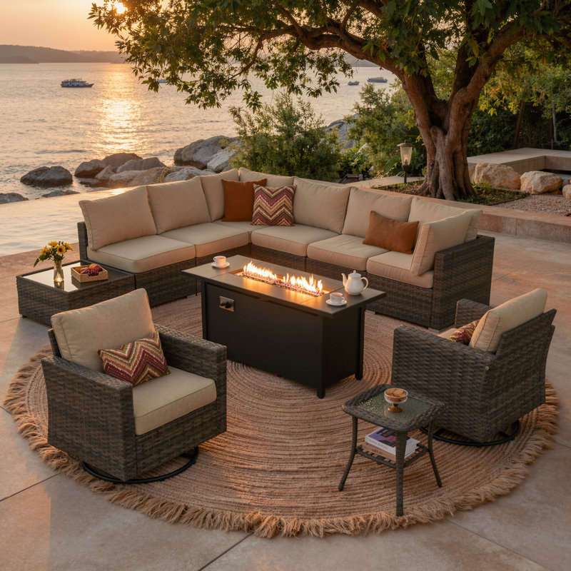 Chappotin Wicker 9 - Person Modular Patio Conversation Set with Cushions, Beige