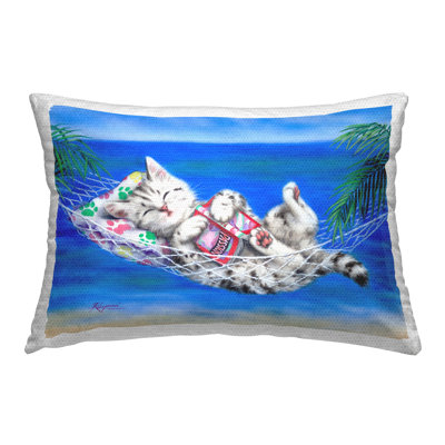 Stupell Industries Kitten In Tropical Hammock Outdoor Printed Pillow By Kayomi Harai In Blue