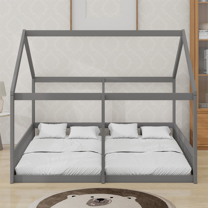 Lit plateforme House, deux lits partagés, Gris