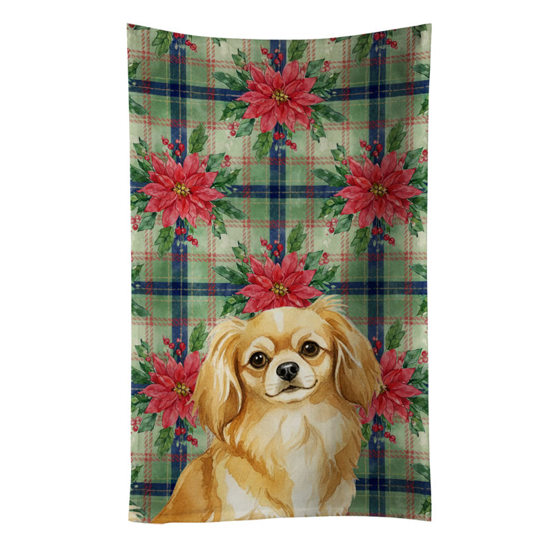 Gold Tibetan Spaniel Christmas PoinsettIas Kitchen Towel, Gold Tibetan Spaniel