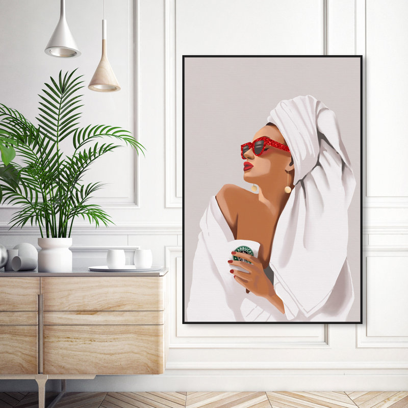 «Her Morning Coffee» - Impression, Toile avec cadre noir, H 54 po x l 36 po