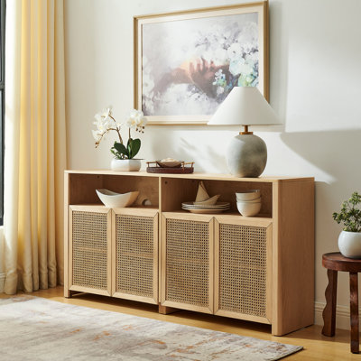 Buffet 63 po Mid-Century Modern Rattan Buffet Buffet avec rangement, crédence de bar à vin Retro Coffee Bar, grande console média pour salon / vestibule / cuisine