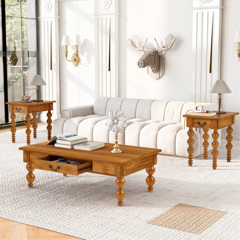 Ensemble de 3 tables basses avec tiroir, table basse vintage et 2 tables de bout pour salon, bureau, appartement, naturel