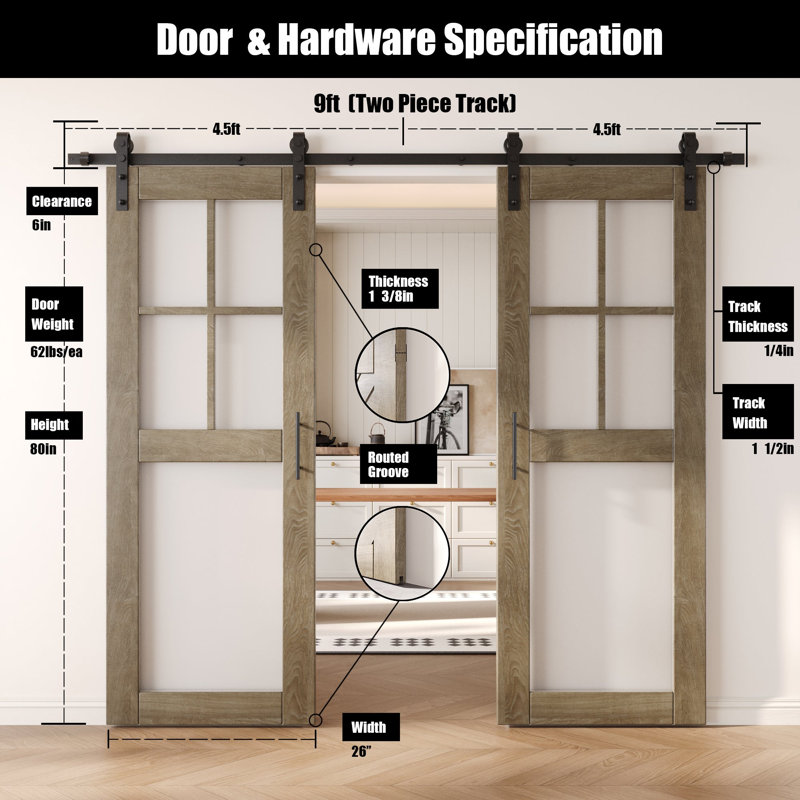 Portes de grange non assemblées et finies en verre givré 26 po x 80 po à 5 lumières Homacer Classic Grey, 26 po x 80 po