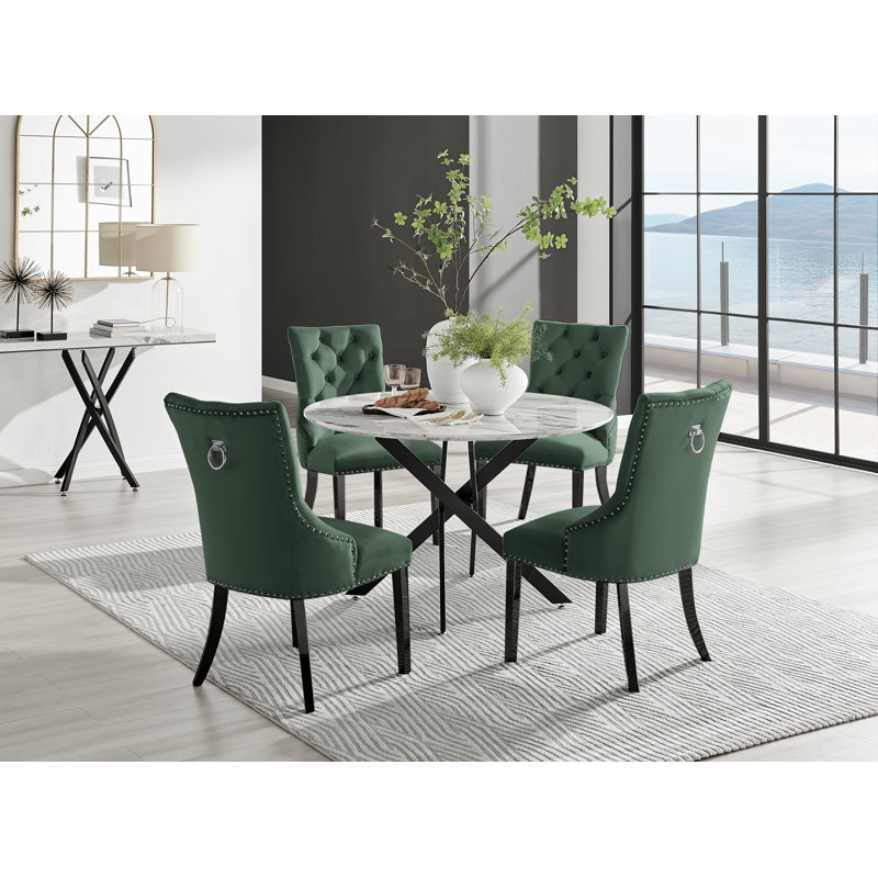 Tierra Modern Chrome Metal & Glass Round Dining Table Set with 4 Luxury Button Velvet Chairs, White Marble Effect