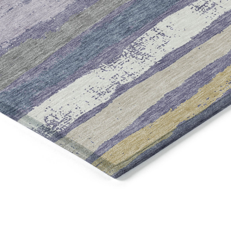 Purple and Beige Striped Synthetic Washable Rug