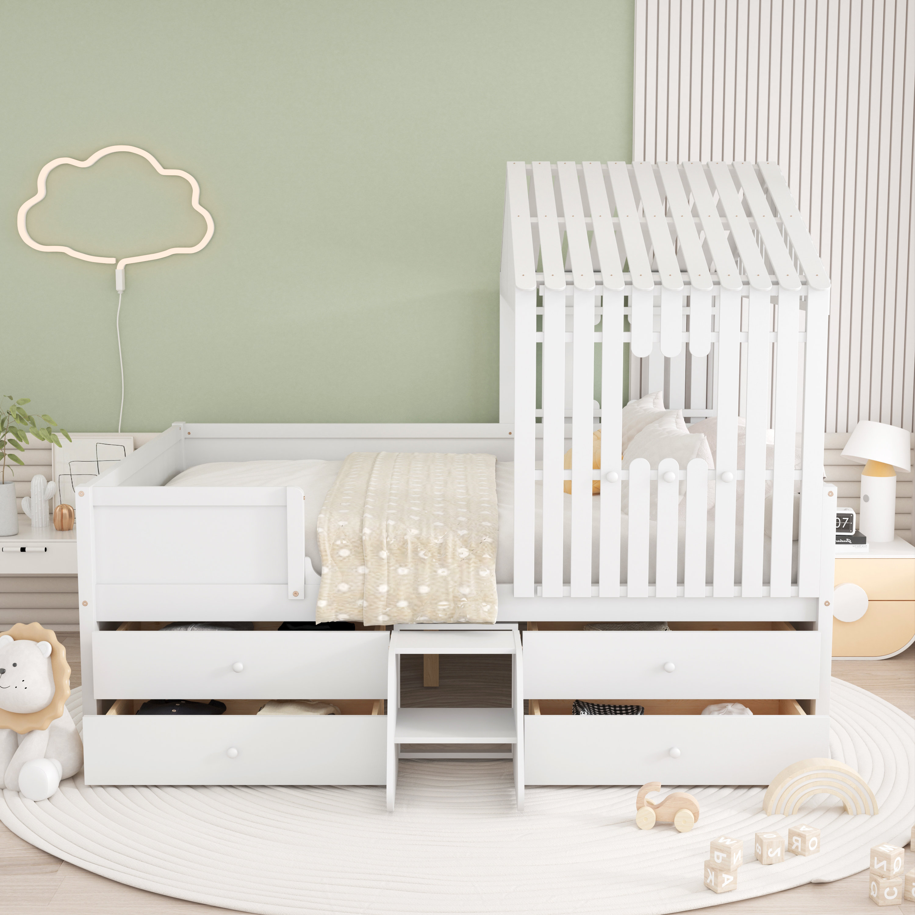 Harper Orchard Potamos House Low Loft Bed with Four Drawers, bed frame