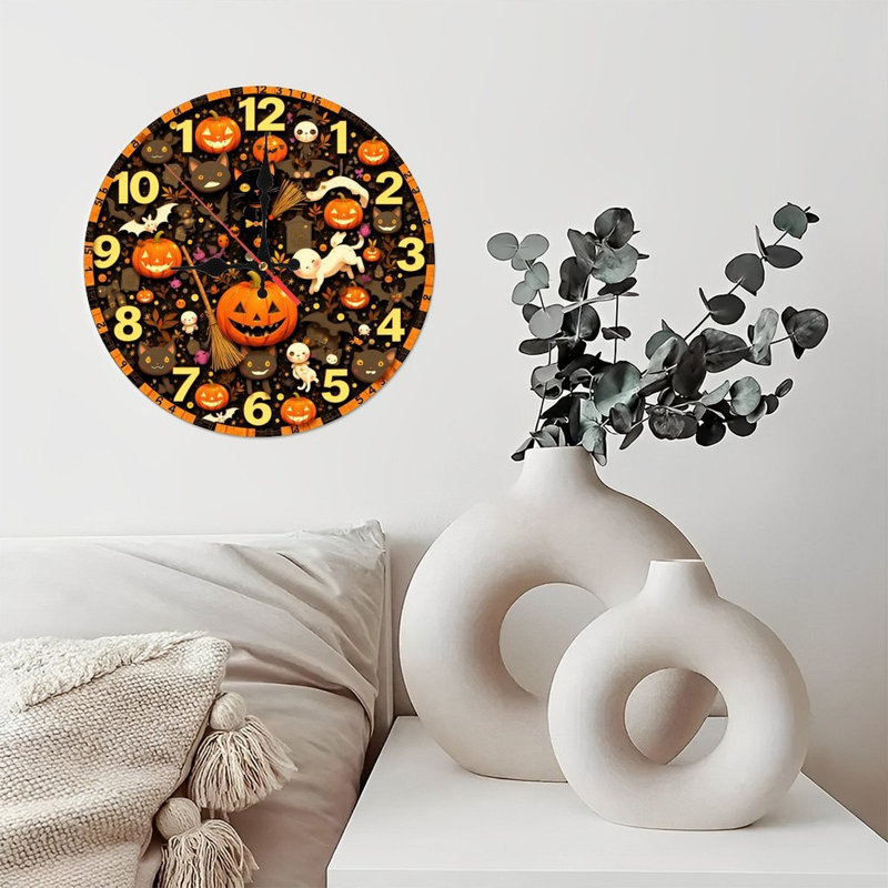 Horloge d'Halloween chats, citrouilles, chauves-souris