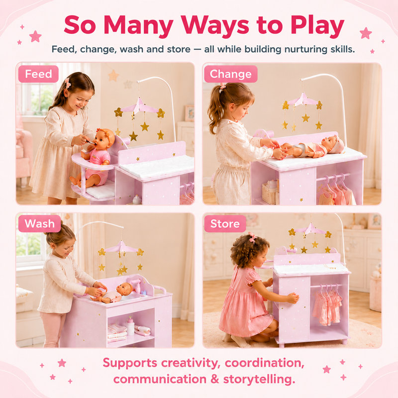 Teamson Kids Twinkle Stars Princess 4-in-1 Baby Doll Changing Station, Purple