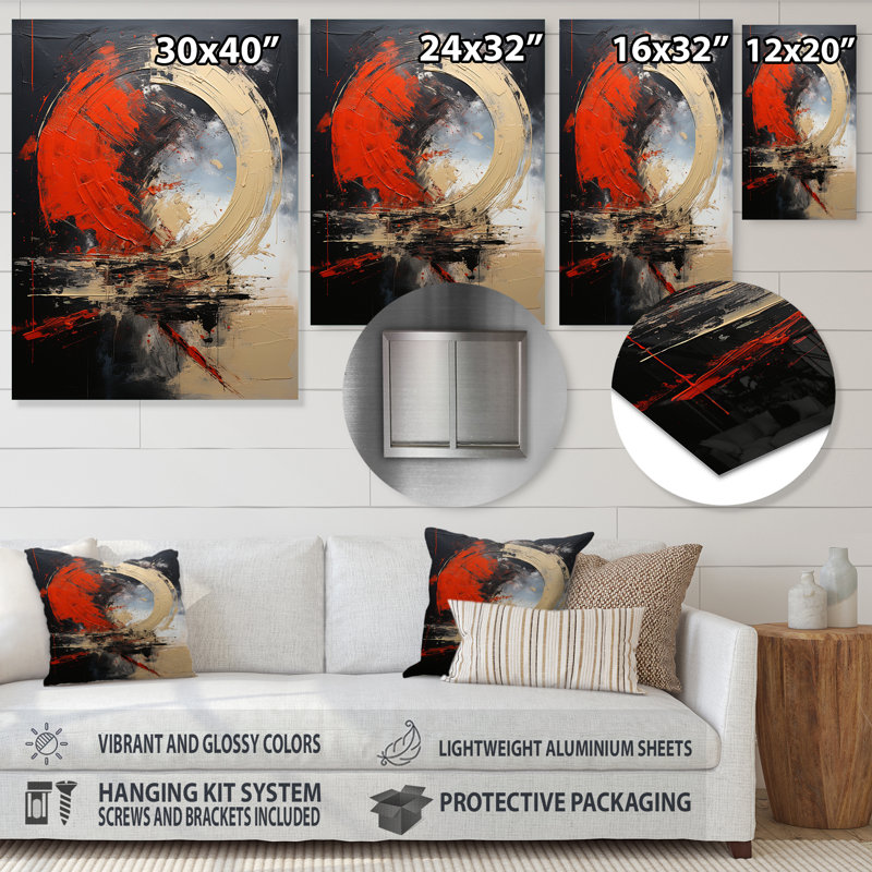 Golden Red Moon Shapes - Art mural abstrait en métal, H 20 po x l 12 po x P 1 po