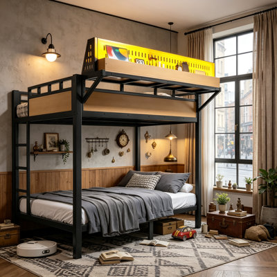 Metal Loft Bed with Upper Deck Shelf and Usb Charging & Led Light, High Loft Bed with Storage Shelves for Apartment Dorm, Full Over Full Size, Natural