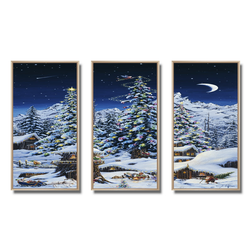 Elf maisons sous de grands arbres de Noël lumineux - ensemble d'art mural sur toile encadré traditionnel de 3