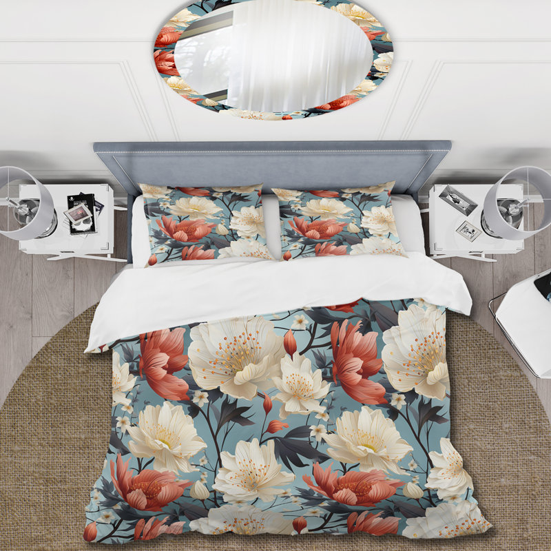 Literie à motif de coquelicots beiges et colorés, Housse de couette pour très grand lit et 2 très