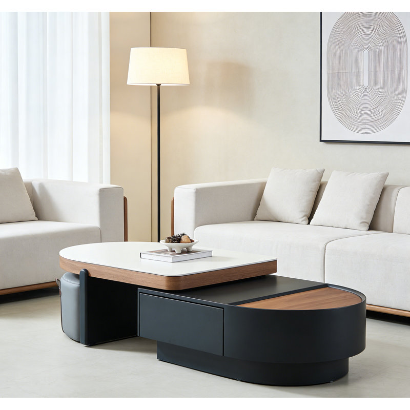 Table basse extensible avec rangement et 2 tabourets, panneau de fibres à densité moyenne avec placage de noyer, plateau relevable et tiroir