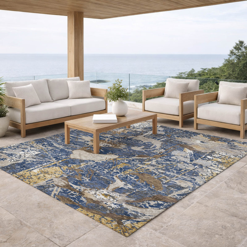 Machine Washable Indoor/Outdoor Chantille ACN2929 Floral Rug, Navy, 9' x 12'