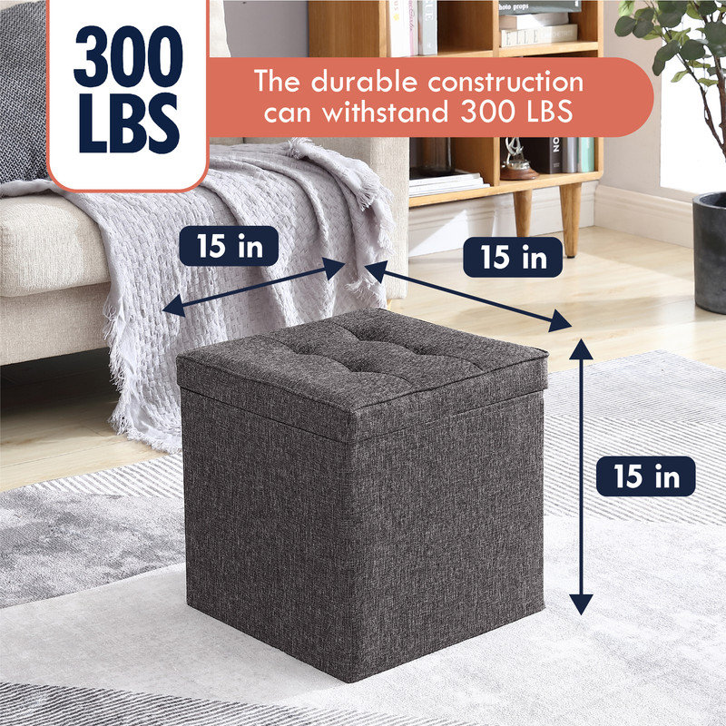 Hilsa Upholstered Ottoman, Charcoal Gray Linen Blend