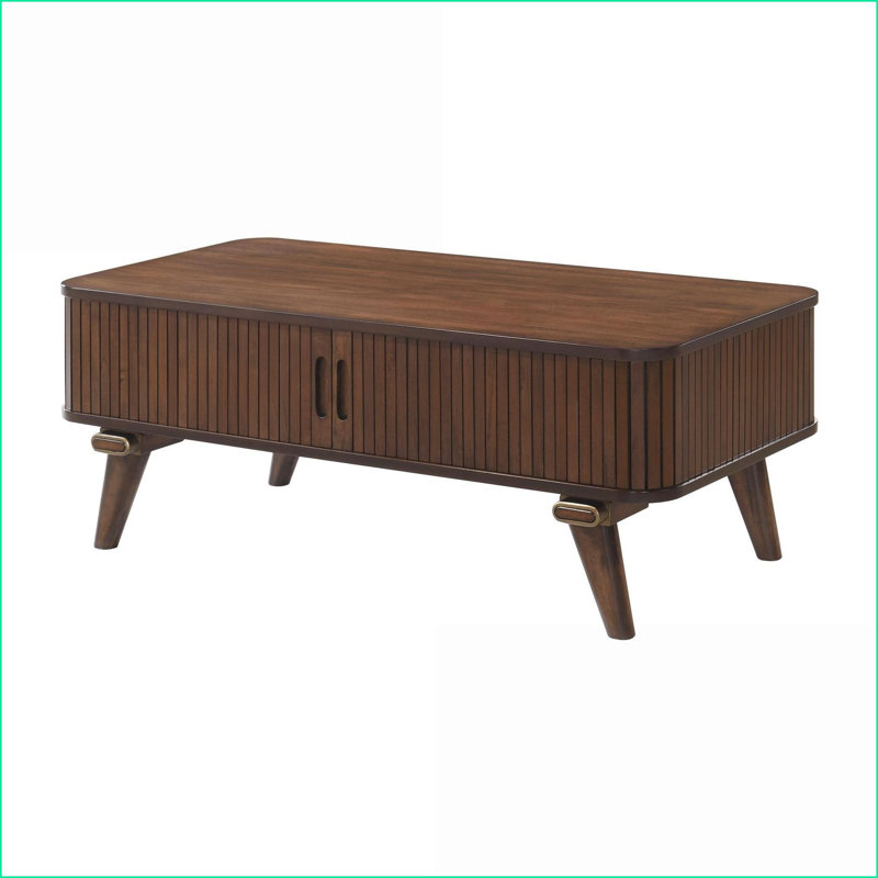 Table basse de salon en noyer avec 2 portes tambour et amp; 2 tablettes, rangement élégant
