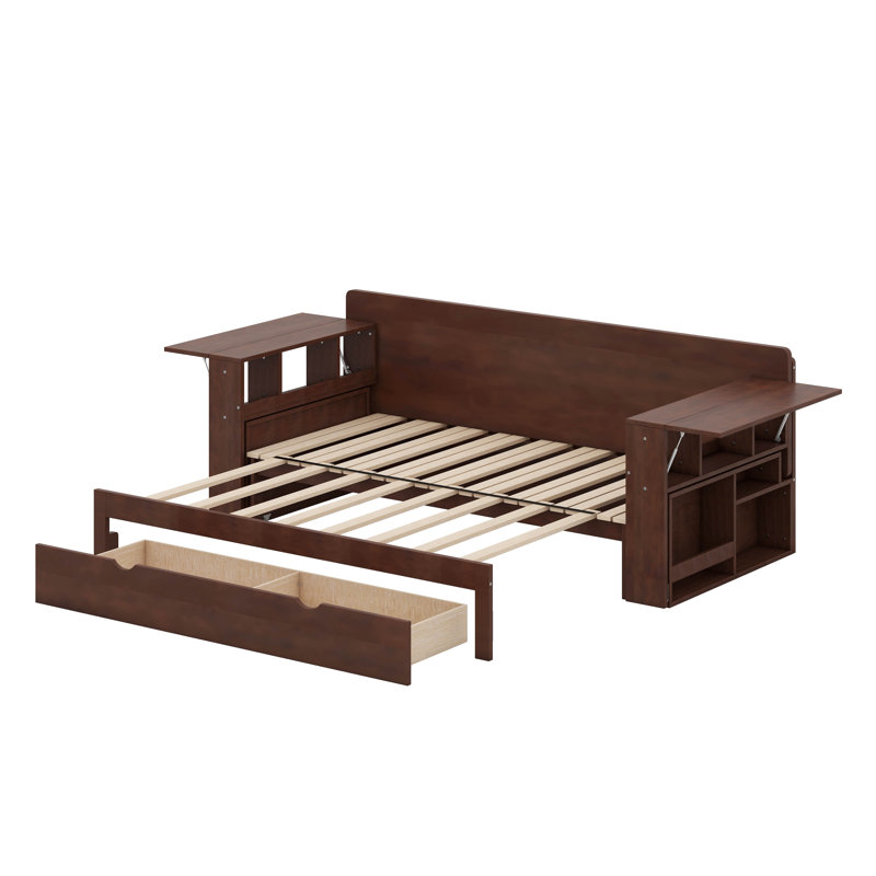 Lit de jour avec tiroirs de rangement, base de lit d'angle avec bureau amovible et table d'appoint hydraulique, Grand