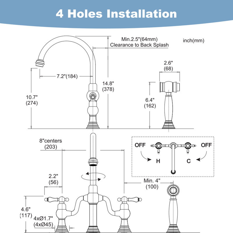 ARCORA Double-Handle High-Arc Widespread Deck Mounted Bridge Kitchen Faucet With Side Spray, Gold