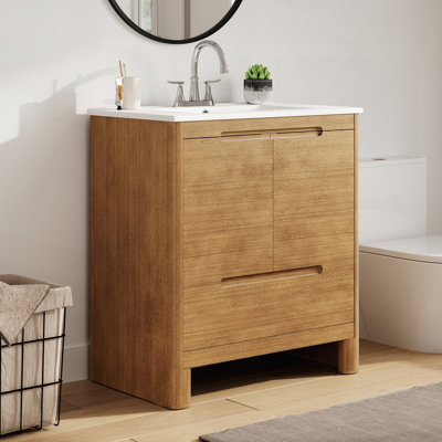 Meuble-lavabo moderne 30 po avec lavabo en céramique, grain de bois naturel, cadre en bois massif, portes et tiroir à fermeture en douceur, tablette réglable, ensemble tout-en-un