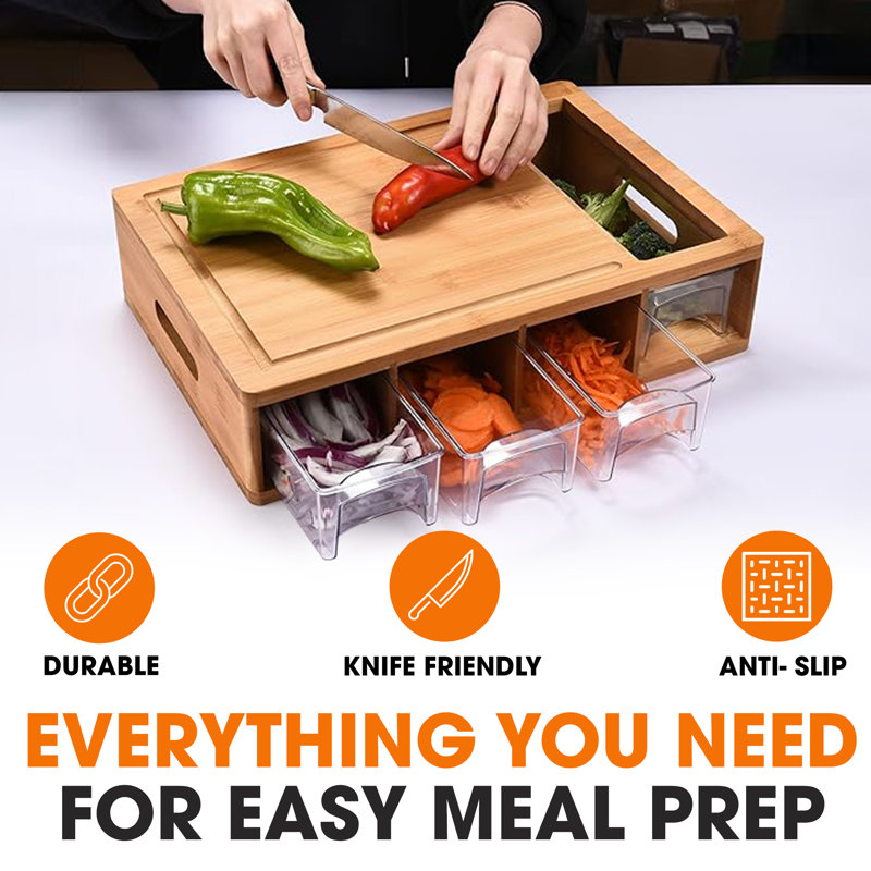 Bamboo Cutting Board with Clear Plastic Storage Trays