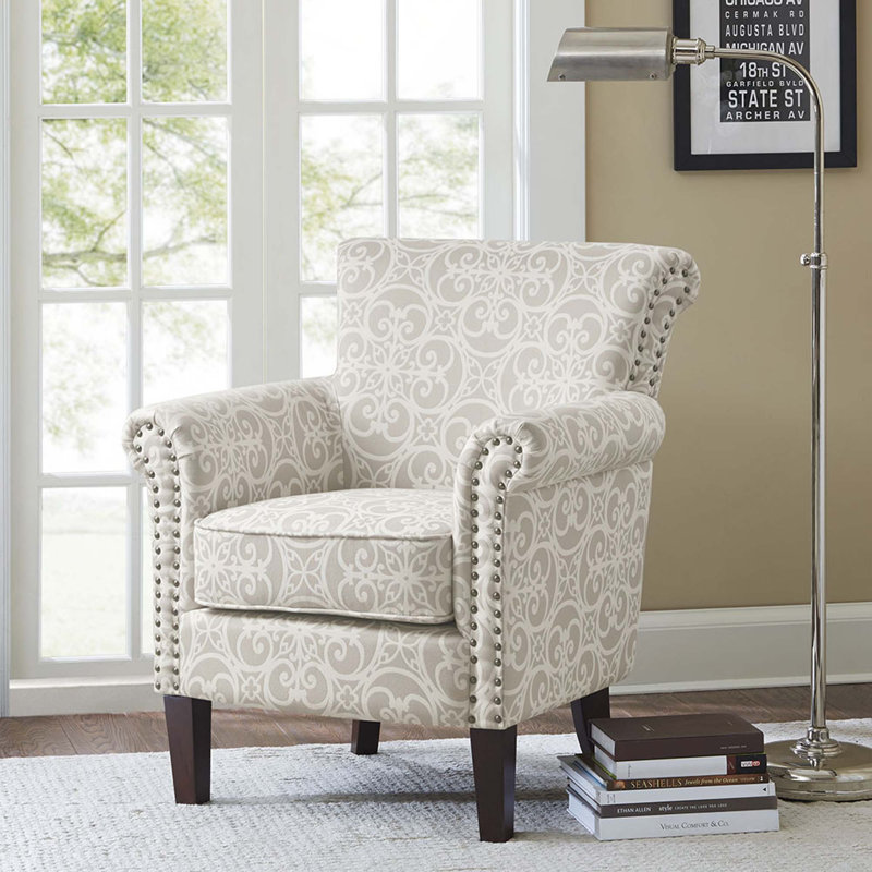 Fauteuil club moderne à dossier serré avec garniture cloutée double et pieds en bois massif, Tissu multicolore