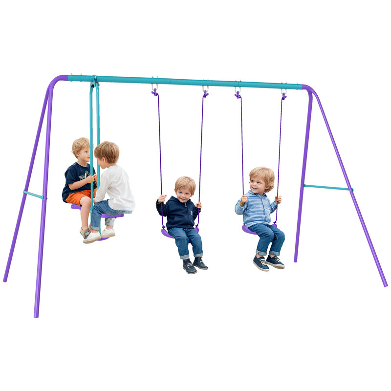 Outsunny Kids Swing Set, Metal Heavy Duty A-Frame 2 Seats Glider Purple
