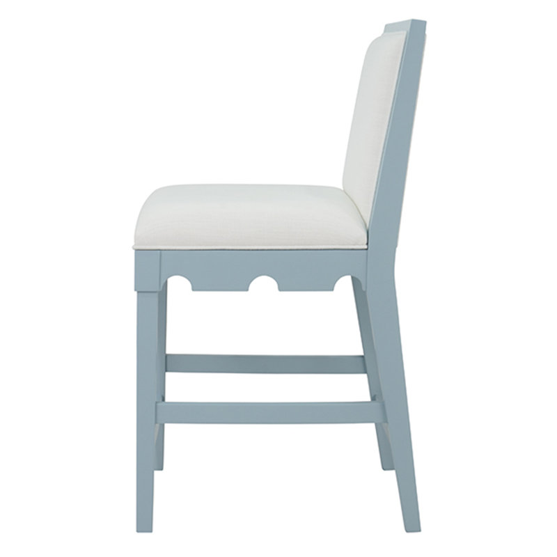 Tabouret de comptoir carré avec tablier décoratif et revêtement en lin performance, Bleu mat clair