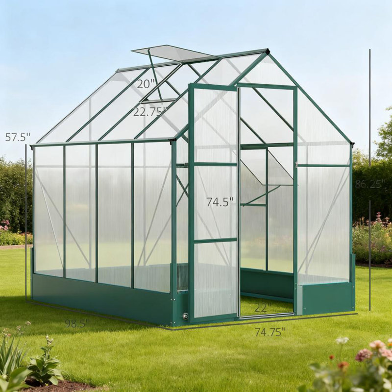 Serre en polycarbonate avec évent de toit et gouttière