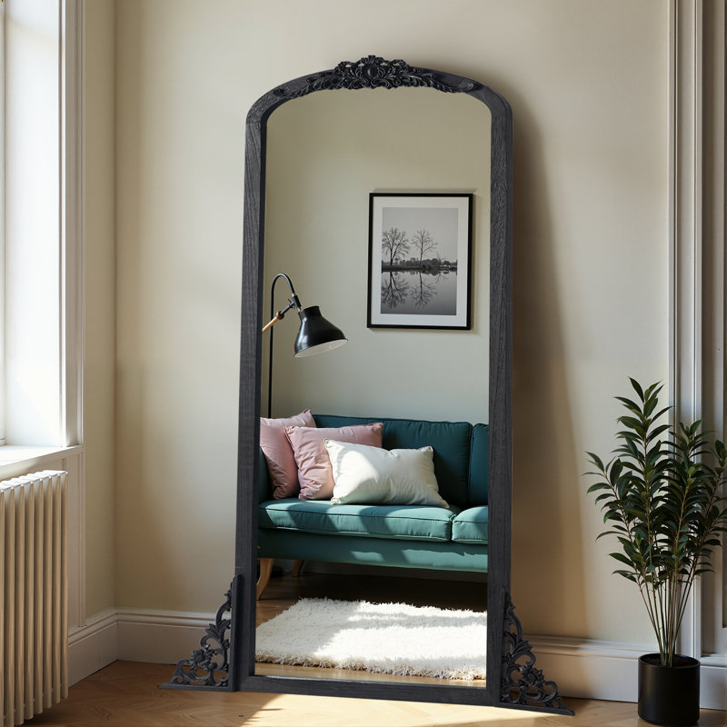 Arch Solid Wood Mirror Ornate Mirror Wall Mirror Retro Mirror with Carved Frame, Black, 69" x 30"