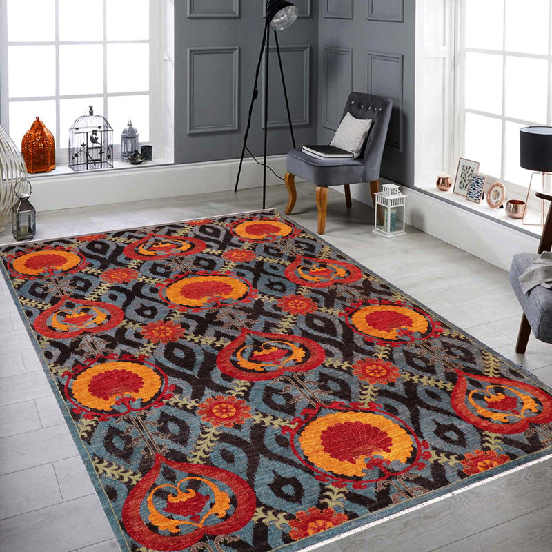 Tapis géométrique noir / rouge en laine noué à la main 7 pi 1 po x 10 pi 3 po Geometric