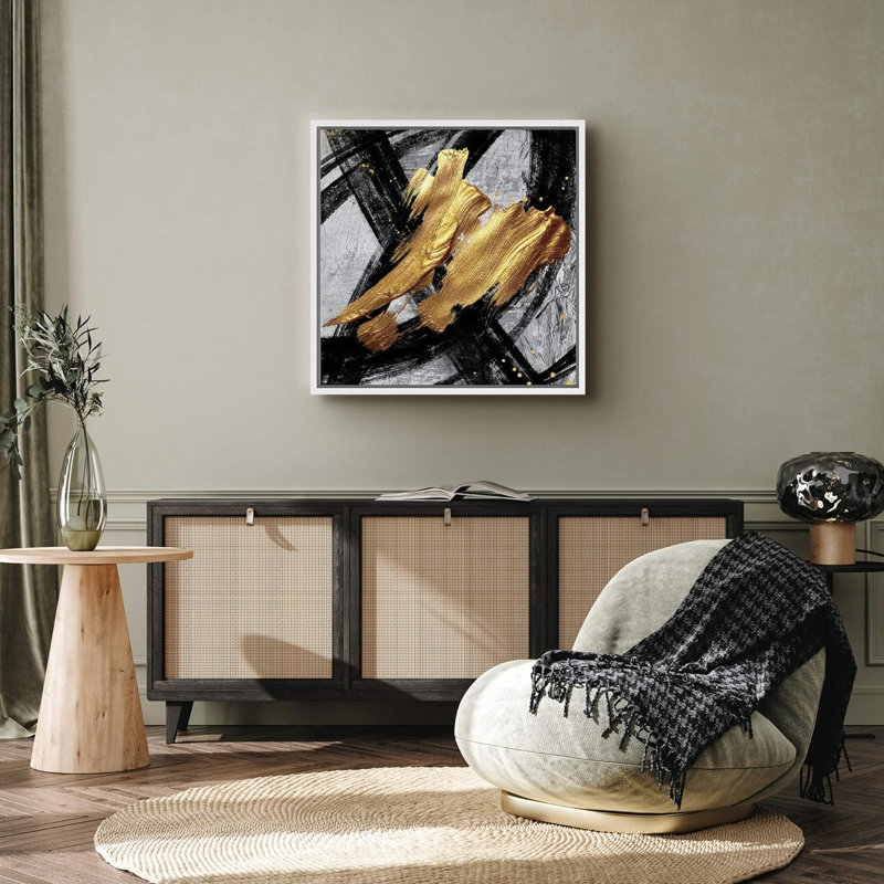 Coups de peinture noirs et dorés - reproduction de cadre flottant sur toile, Cadre blanc, H 24 po x l 24 po x P 1,5 po