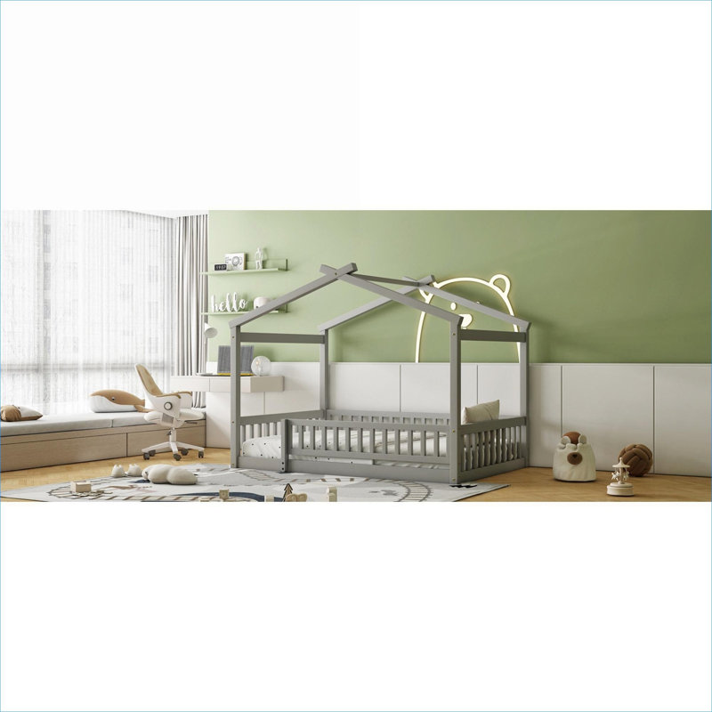 Structure de lit neutre en bois massif avec clôture pour enfants et adolescents, Full