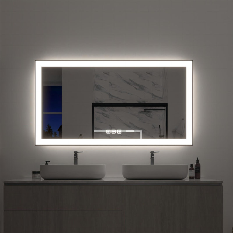 Miroir de salle de bain multifonctionnel lumineux à DEL - Miroir d'appoint mural élégant avec bordure noire, éclairage antibuée et à intensité variable