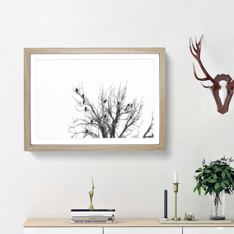 Birds In The Trees Painting - Single Picture Frame Print on MDF, 62cm H x 87cm W x 2cm D, Oak