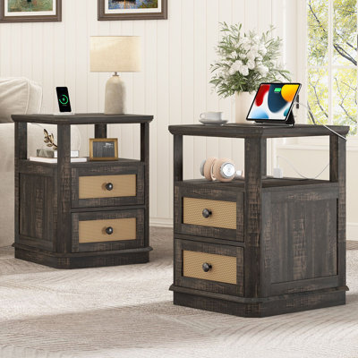 2 Drawers Rattan Nightstands with Storage andFast Charging Station for Bedroom,Living Room by Bay Isle Home